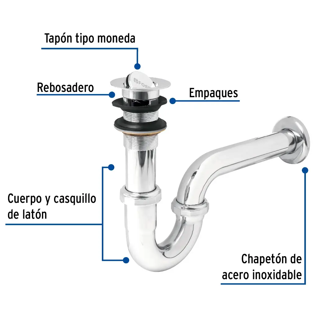 Céspol 1-1/4', contra tipo moneda, latón cromo, para lavabo Foset TRUPER 49337