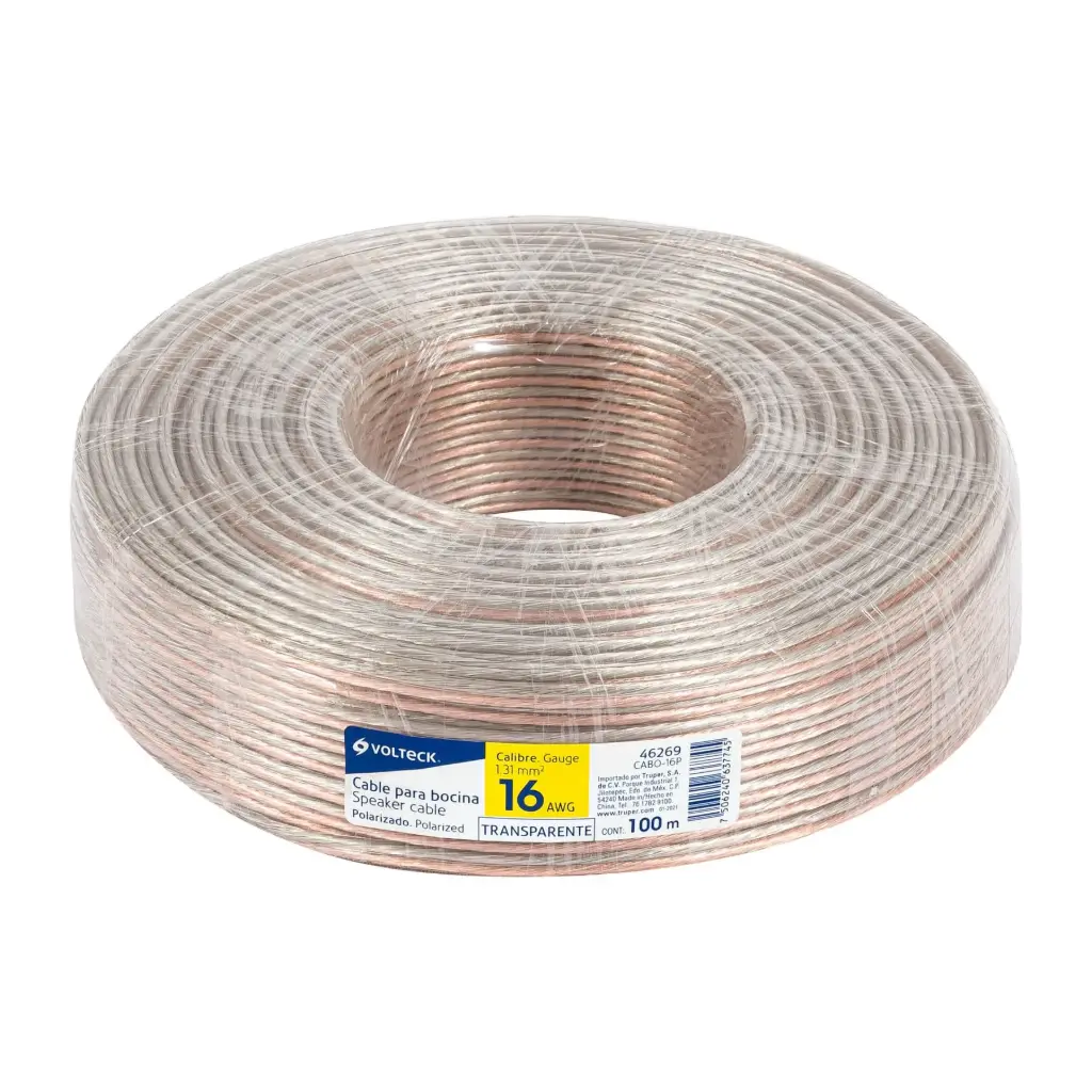 [46269] CABLE DUPLEX POLARIZADO TRANSPARENTE PARA BOCINA 16AWG VOLTECK ROLLO 46269