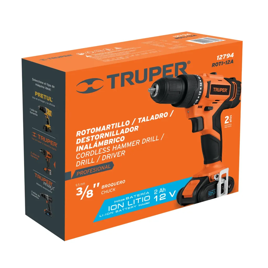 ROTOMARTILLO / TALADRO / DESTORNILLADOR INALAMBRICO 3/8" 12V TRUPER PRO 12794