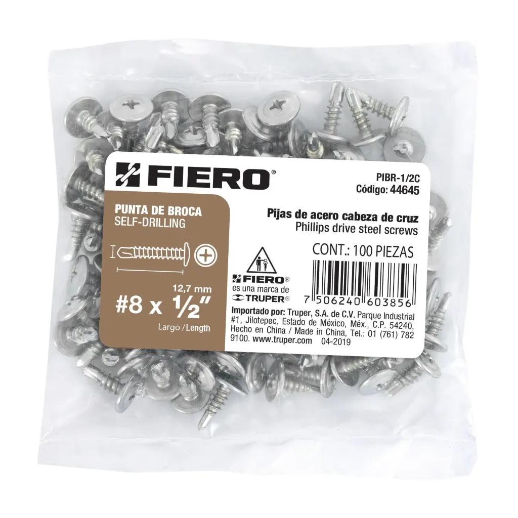 BOLSA CON 100 PIJAS #8 x 1/2" PUNTA DE BROCA FIERO (TRUPER) 44645
