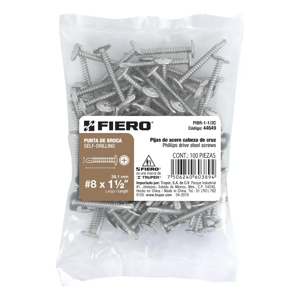 BOLSA CON 100 PIEZAS #8 x 1½" PUNTA DE BROCA FIERO (TRUPER) 44649