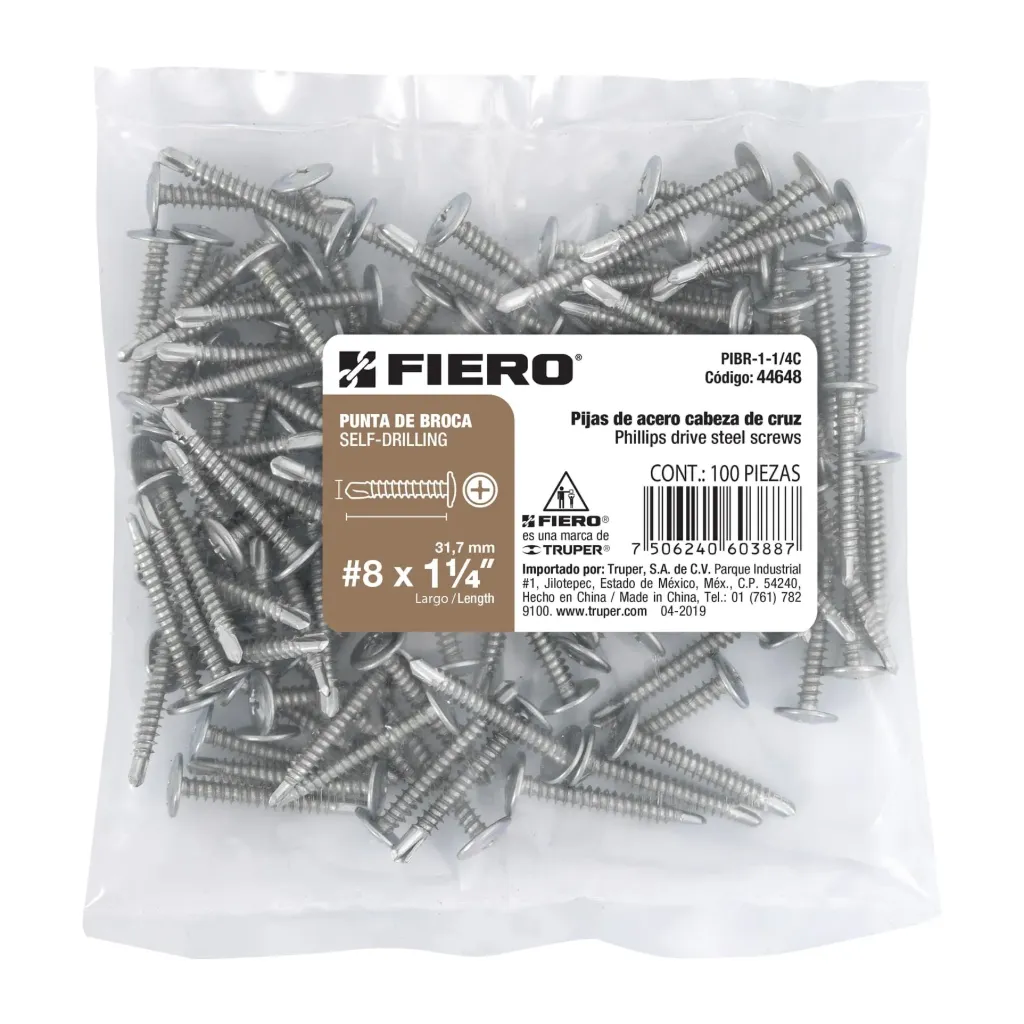 BOLSA CON 100 PIJAS #8 x 1¼" PUNTA DE BROCA FIERO (TRUPER) 44648