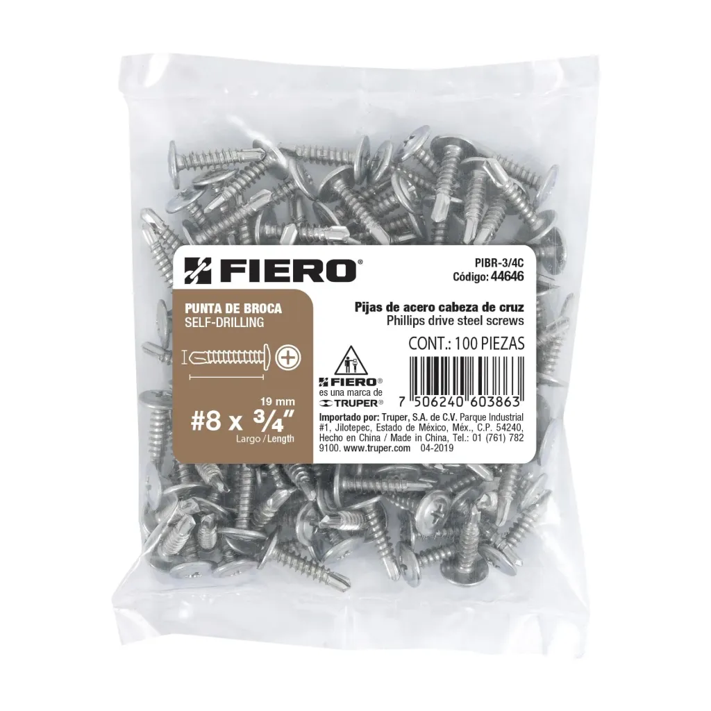 BOLSA DE 100 PIJAS #8 x 3/4" PUNTA DE BROCA FIERO (TRUPER) 44646