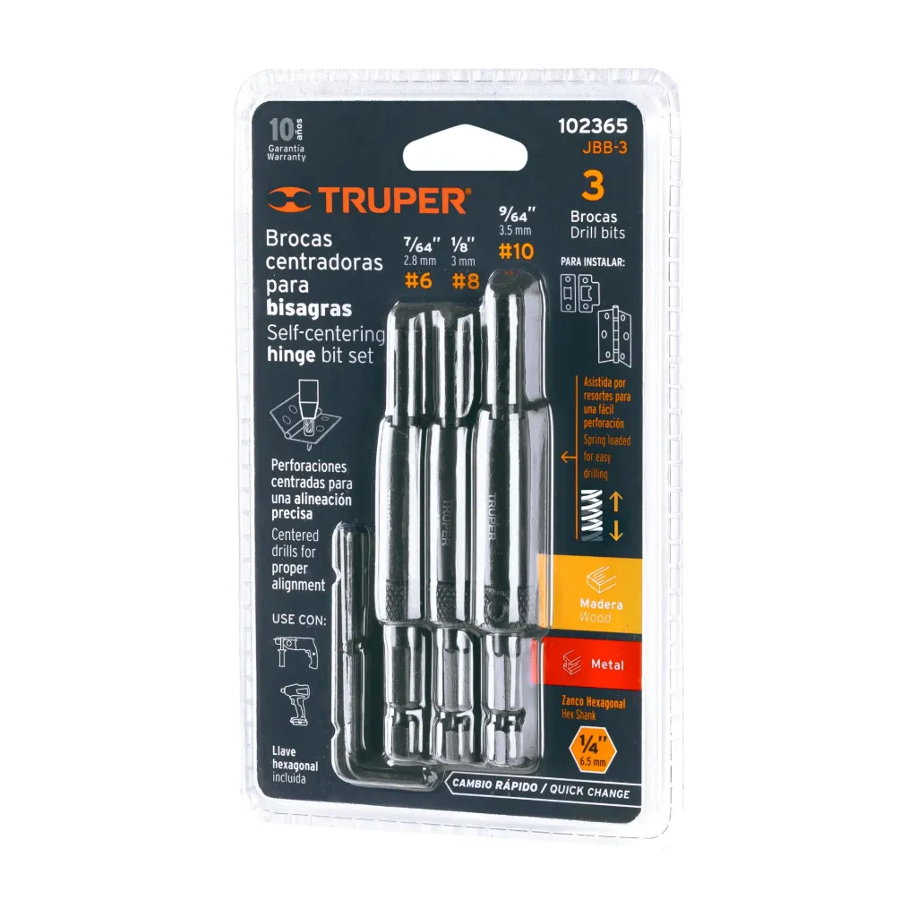 JUEGO DE 3 BROCAS PARA BISAGRAS 7/64",1/8" Y 9/64", TRUPER 102365