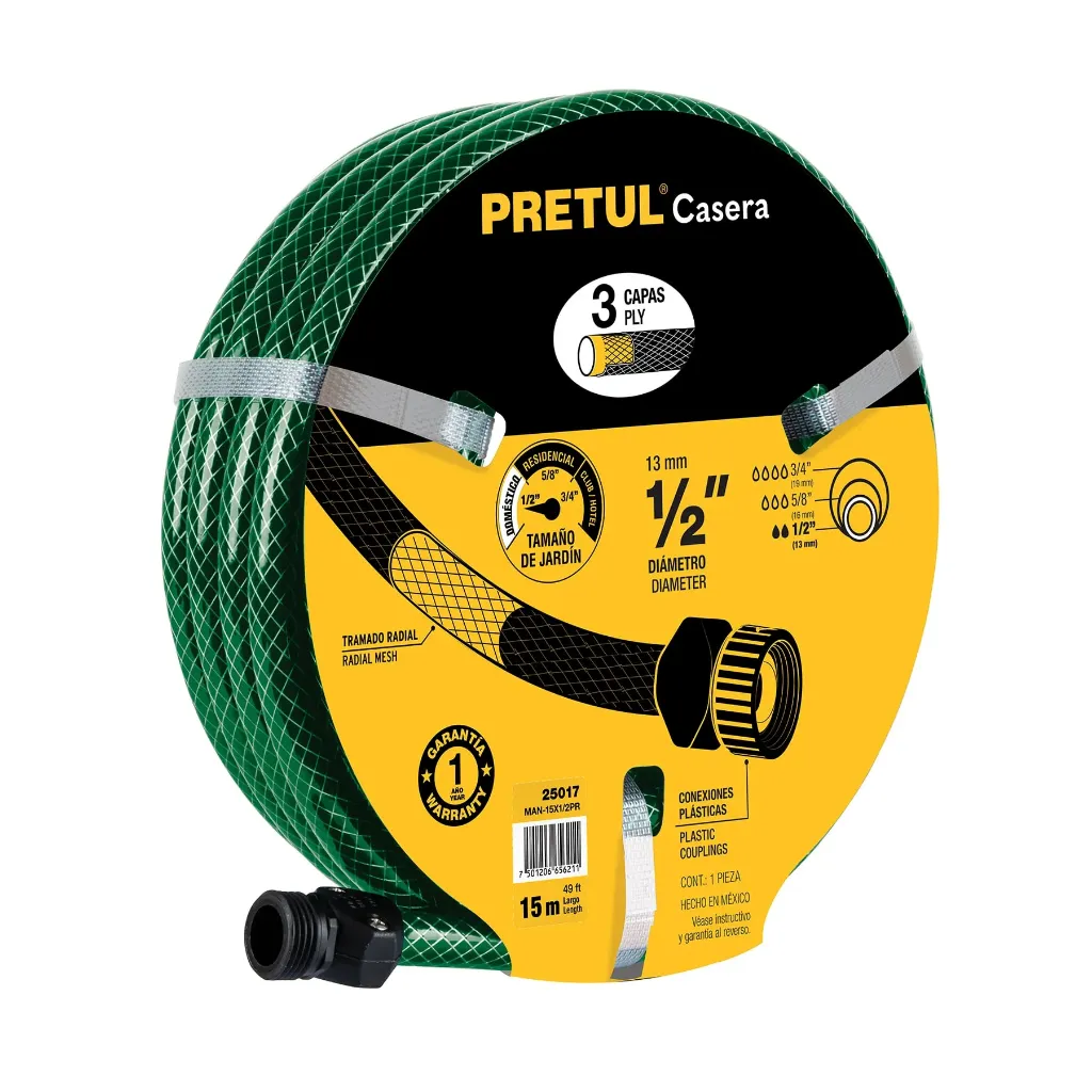 MANGUERA 1/2X15M 3 CAPAS CONEXIONES  PLASTICAS PRETUL CASERA (TRUPER) 25017