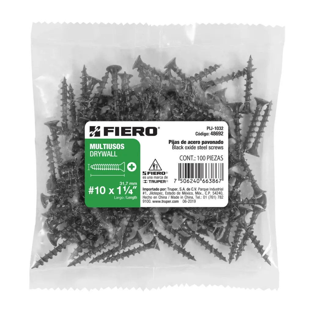 BOLSA 100 PIEZAS pijas #10 x 1-1/4'cabeza plana phillips multiusos FIERO TRUPER 48692