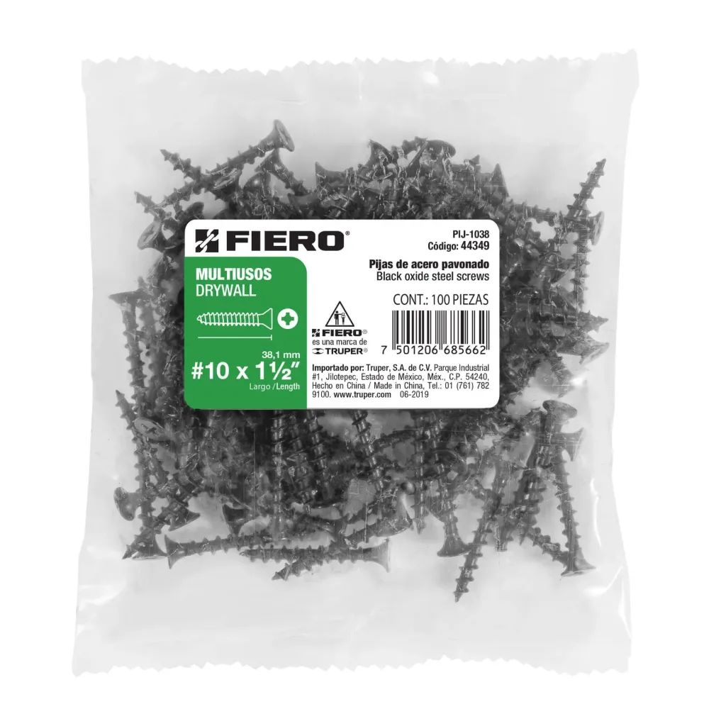 BOLSA 100 PIEZAS pijas #10 x 1-1/2'cabeza plana phillips multiusos FIERO TRUPER 44349