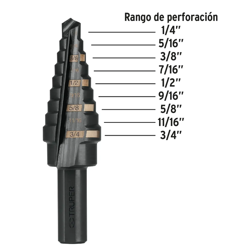 BROCA ESCALONADA 9 ESCALONES DE 1/4" A 3/4" TRUPER 12123