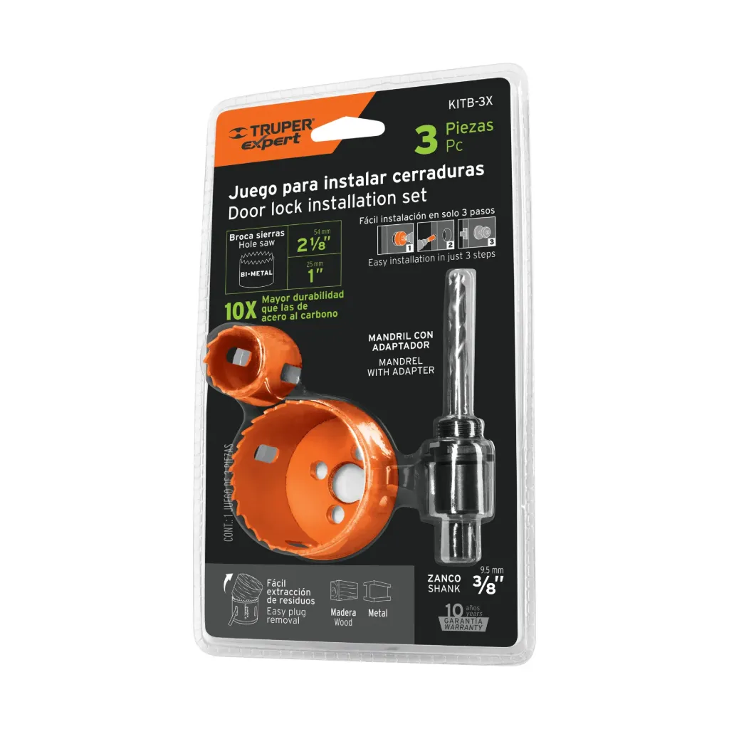 JUEGO PARA INSTALAR CERRADURAS CON BROCASIERRAS DE 1" Y 2⅛", TRUPER EXPERT 100816
